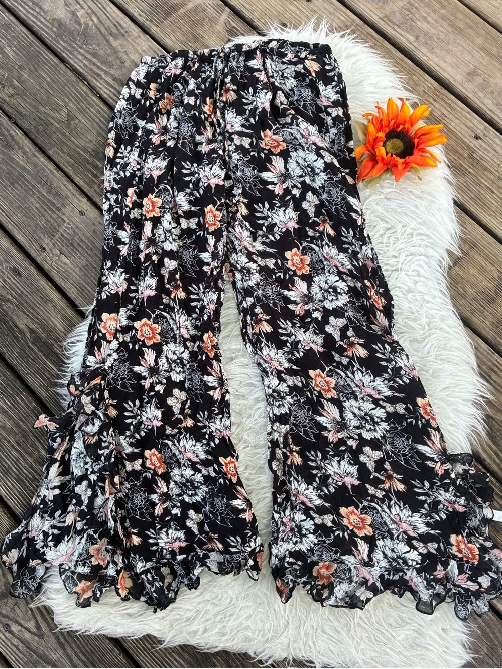 FREE PEOPLE ONE /FP ONE Black Floral Wide-Leg Pants